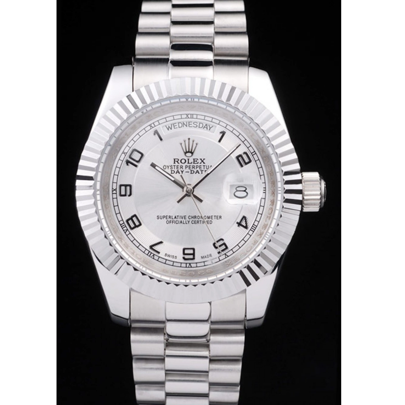 Good Copy Rolex Watches White Stainless Dial Rolex Polished Steel Day-Date 0801